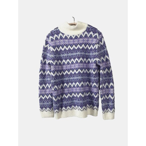 Talbots Fair Isle Knit L Sweater Purple White Cozy Nordic Oversized Cabincore - Picture 2 of 7